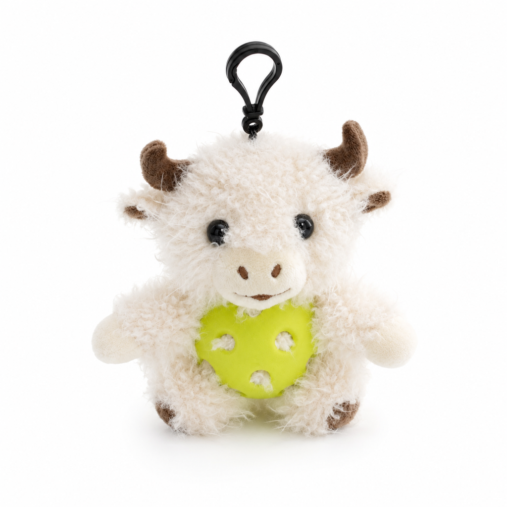 A plush white highland cow toy inside an yellow pickleball, attached to a black key ring, photographed on a clean white background.