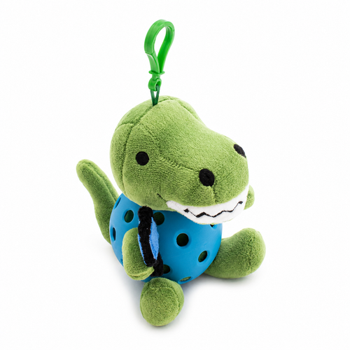 A plush T-rex toy inside a blue pickleball, attached to a green key ring, photographed on a clean white background.