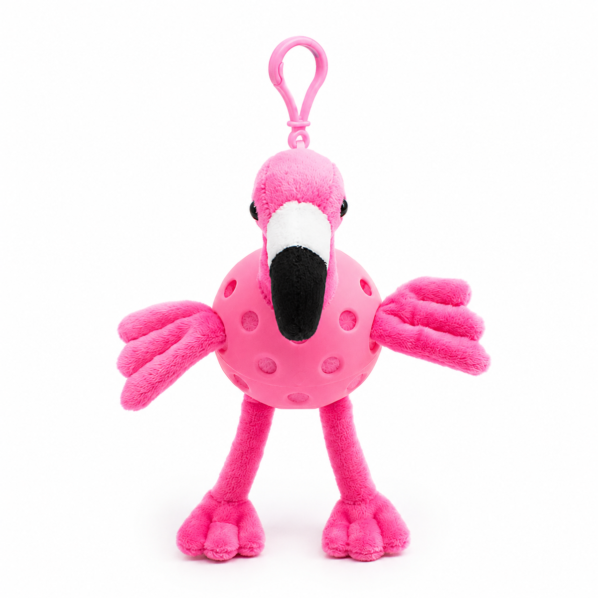 A plush flamingo toy inside a pink pickleball, attached to a pink key ring, photographed on a clean white background.