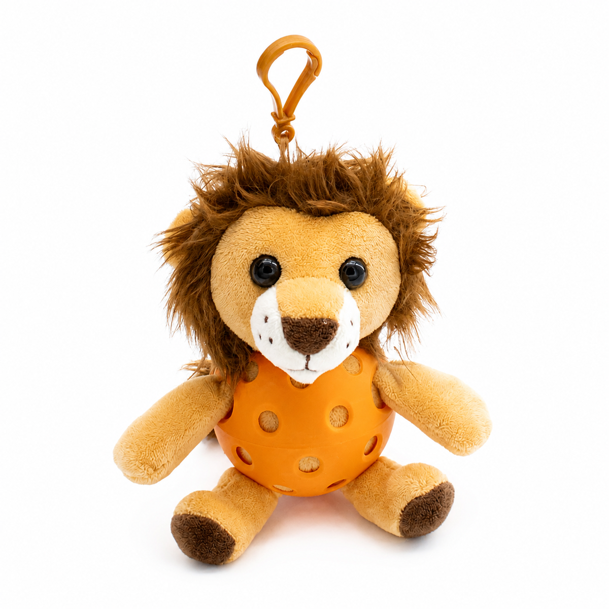 A plush lion toy inside an orange pickleball, attached to a orange key ring, photographed on a clean white background.