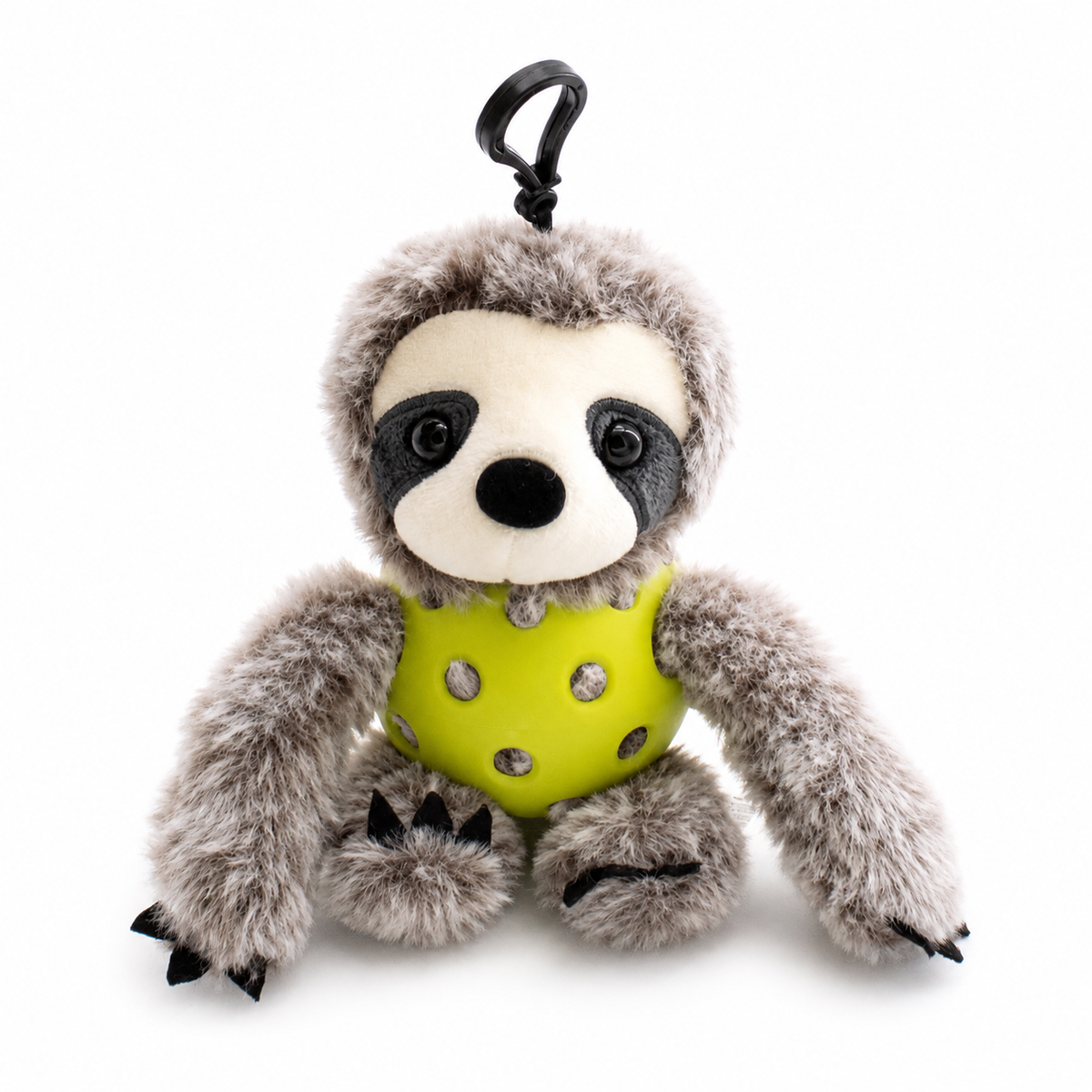 A plush sloth toy inside an green pickleball, attached to a black key ring, photographed on a clean white background.