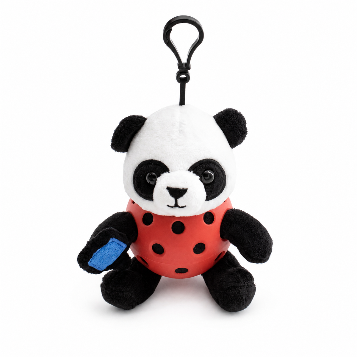A plush panda toy inside an red pickleball, attached to a black key ring, photographed on a clean white background.