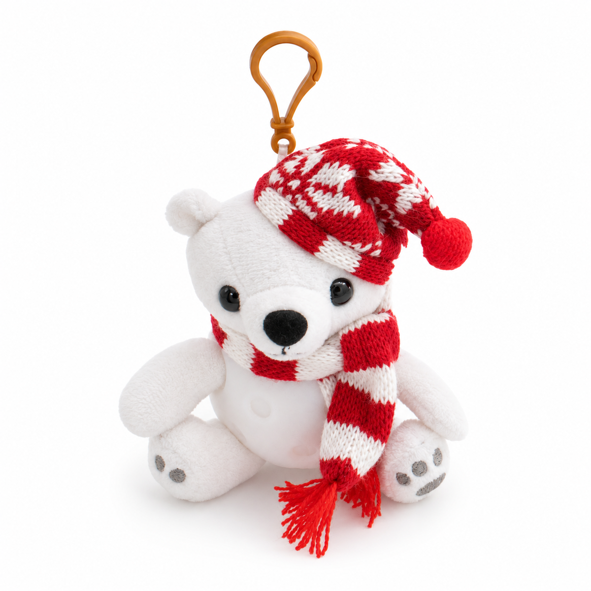 A white plush polar bear keychain wearing a red and white knit Santa hat and matching scarf, attached to a gold metal clip, on a white background.