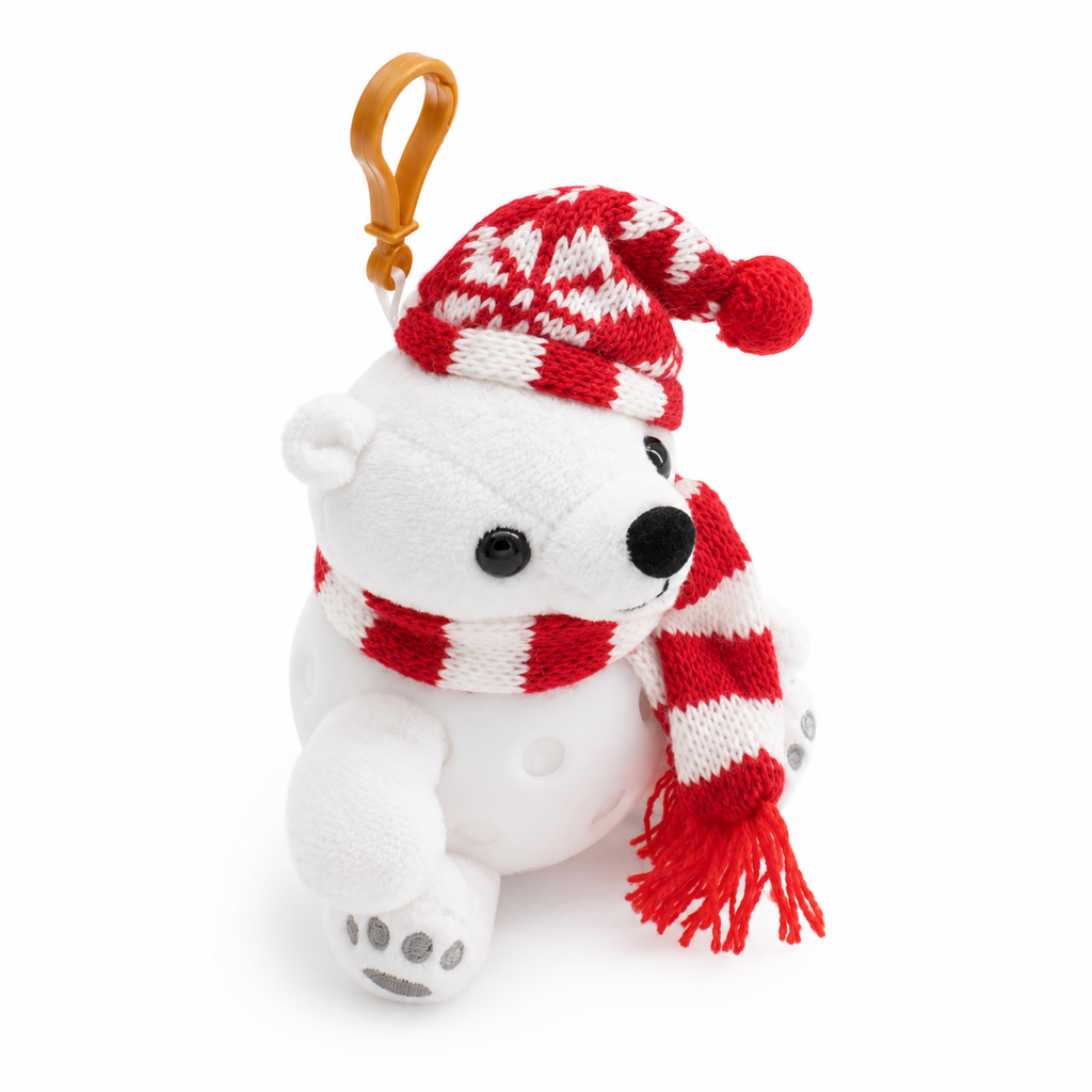 A white plush polar bear keychain wearing a red and white knit Santa hat and matching scarf, attached to a gold metal clip, on a white background.