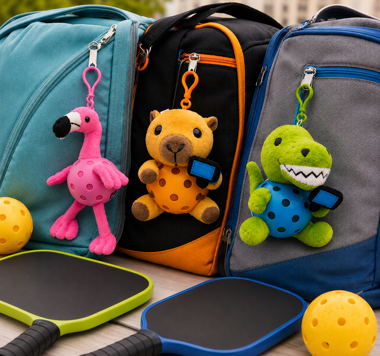 Three colorful plush keychains attached to bags with pickleball paddles and balls.